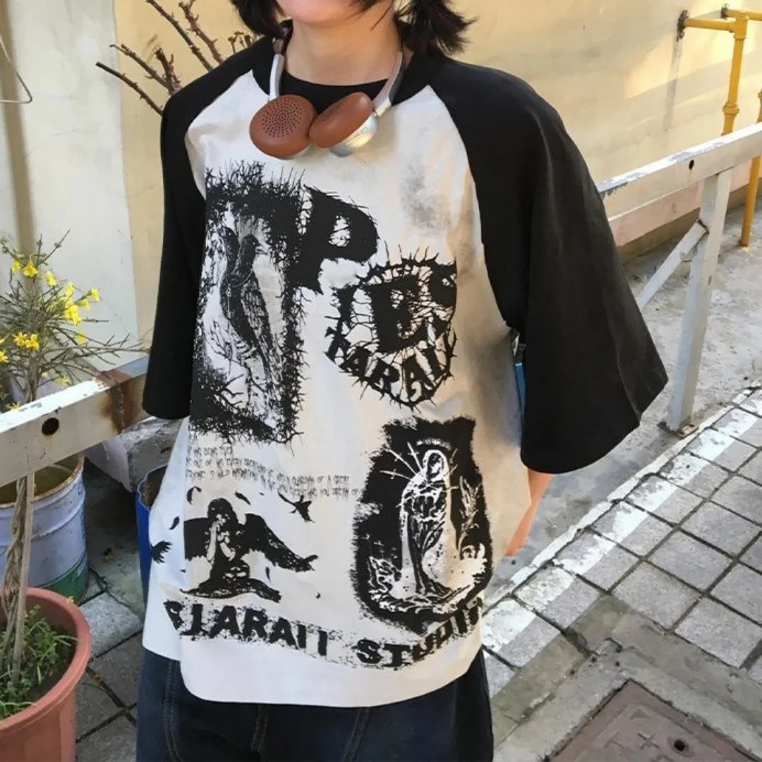 

American street hip-hop short sleeved women's summer new graffiti printed half sleeved t-shirt loose punk top
