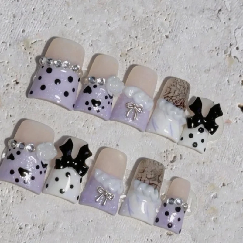

10PCS Handmade Sweet Duckbill Press on Nails Soft Lavender French Polka Dot Bow Design Wearable Fake Nails Tips Y2K Nails Art