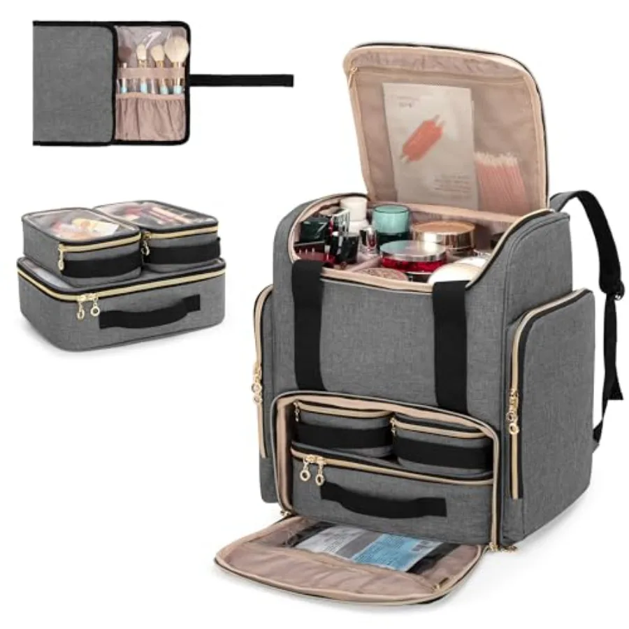 

Makeup Backpack with 3 Removable Cases and 1 Makeup Brush Bag, Large Makeup Bag Cosmetic Bag with Multiple Storage Sections Pat