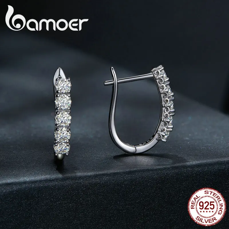 Bamoer 1.0CT Moissanite Ear Buckles 925 Sterling Silver U-Shaped Hoop Earrings for Women Valentine\'s Day Jewelry Gift