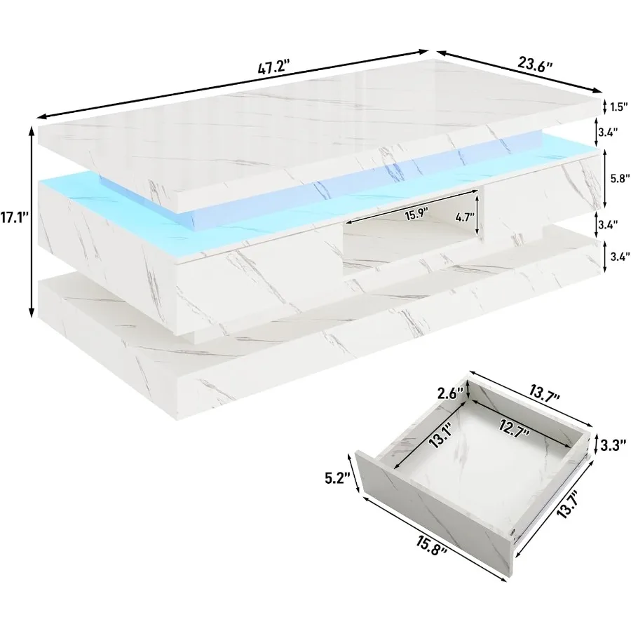 Living room coffee table: 47.2-inch high-gloss acrylic, white, modern LED-lit double-layer design with 2 sliding drawers