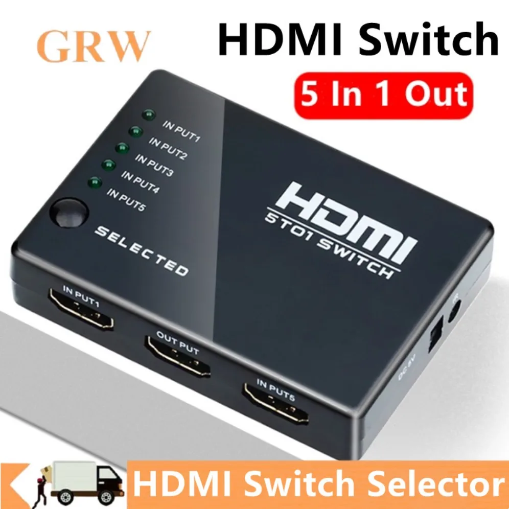 Przełącznik HDMI 5/3 portowy z pilotem IR, przełącznik wideo 3D, rozgałęźnik HDMI 5 wejść 1 wyjście LUB 3 wejścia 1 wyjście do Xbox, PS4, DVD, PC, laptopa, telewizora