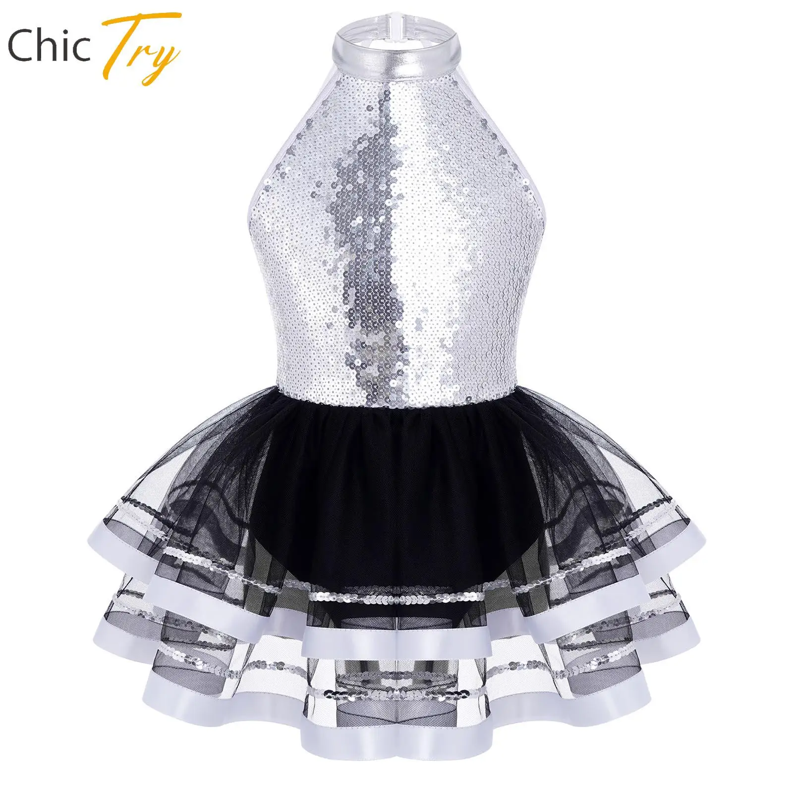 

Kids Girls Ballet Dance Dress Sleeveless Sparkling Sequins Straps Hollow Back Tutu Mesh Dance Dress Skating Performance Clothes