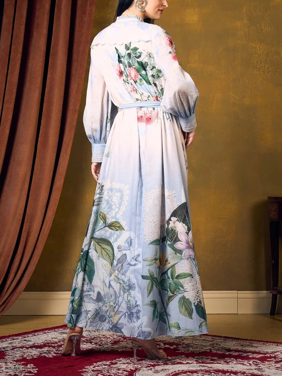 فستان VGH أنيق بطباعة حافة من الدانتيل للنساء بياقة واقفة وأكمام طويلة وخصر عالي ومرقعة وأربطة فساتين طويلة للسيدات #4