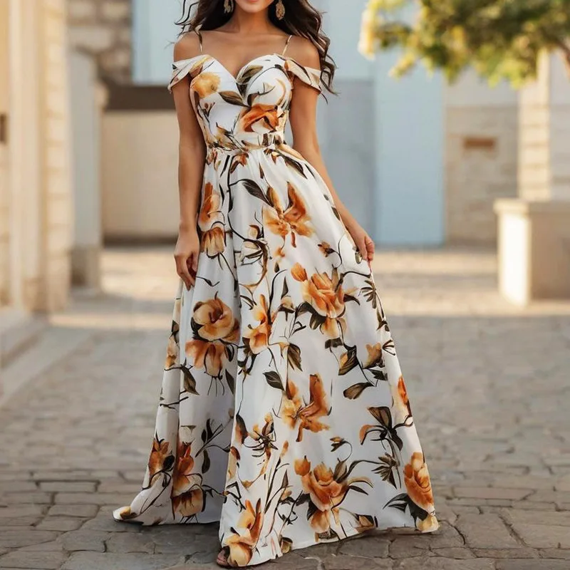 

2026 Summer Floral Print Strapless Slip Dress for Women Sexy Party Night Out Maxi Length