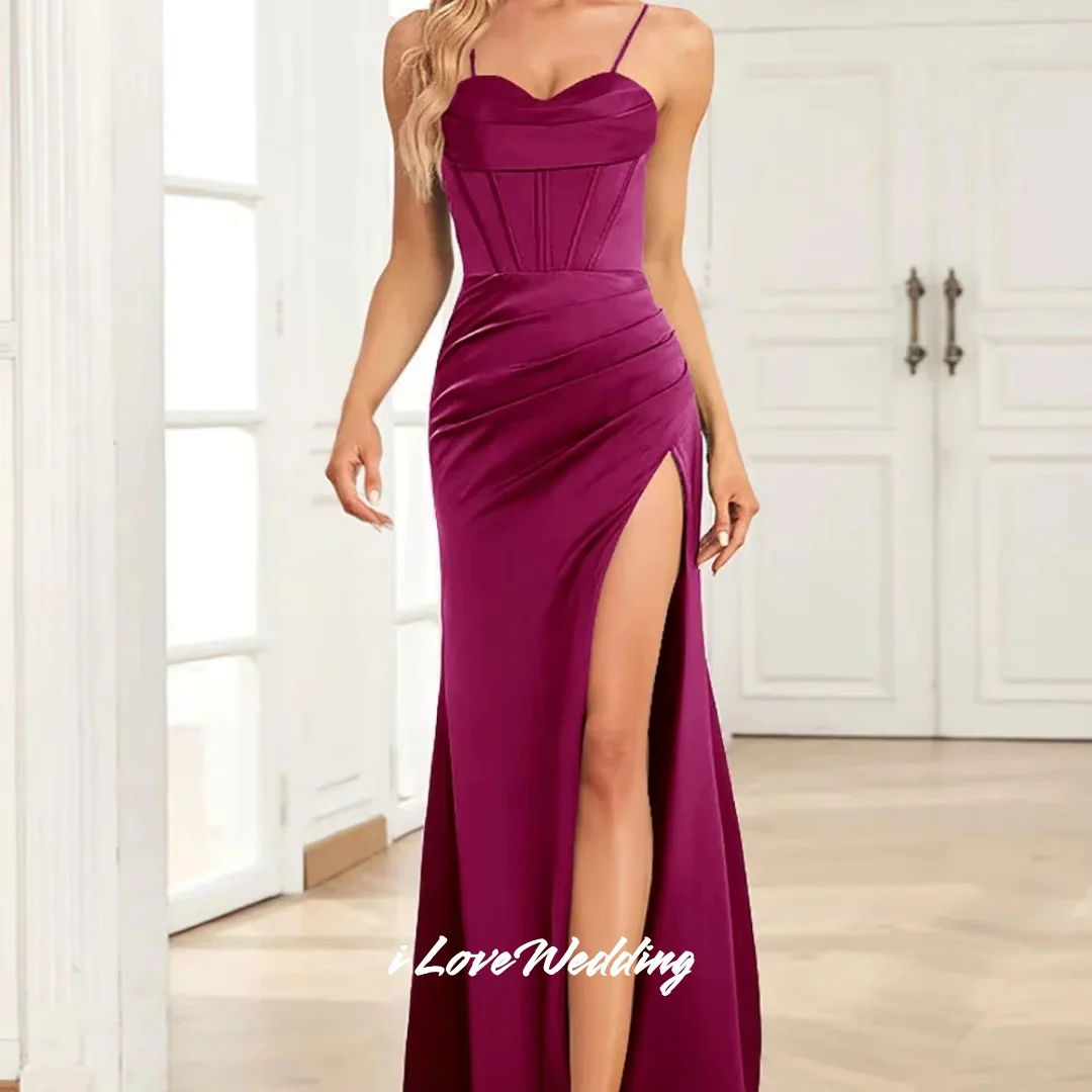 블루 스트랩리스 브라이드메이드 드레스 2025 스파게티 스트랩 슬리브리스 머메이드 사이드 슬릿 플로어 길이 플리츠 파티 드레스 맞춤 제작