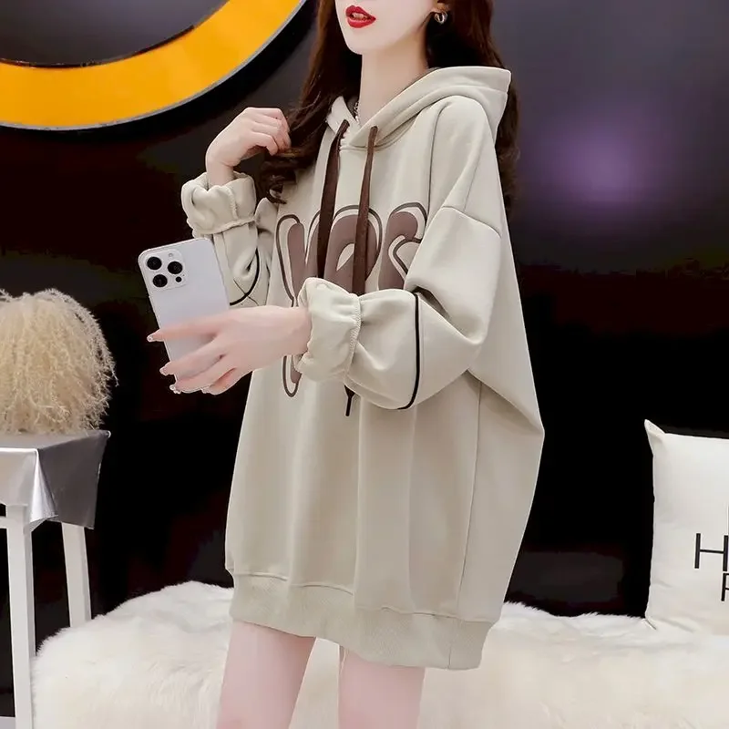 Plush Thicken Hoodies Women Autumn Winter Trendy Hooded Coats Mid-length Loose Design Hoodie Letter Printed Tops Y2k Clothes