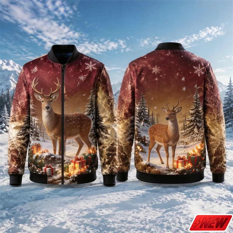 Festive Christmas Men Jacket 3D Print Deer Snow Mountain Gift Packages Zip Up Jackets Animal Graphic Casual Party Unisex Coat