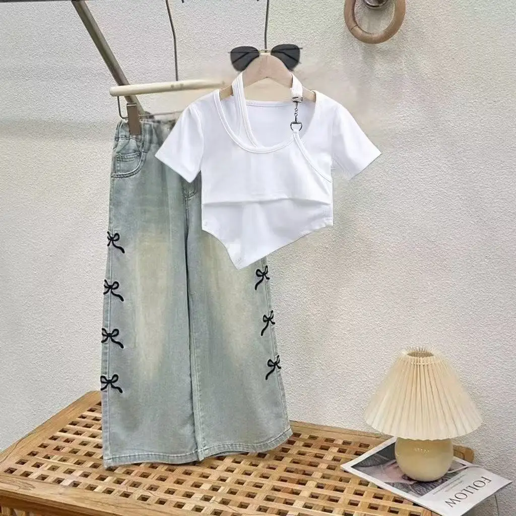 

Girls' Summer Set 2025 New Children's Neck Hanging T-shirt Girls' Fashionable Street Explosion Wide Leg Pants Two Piece Set