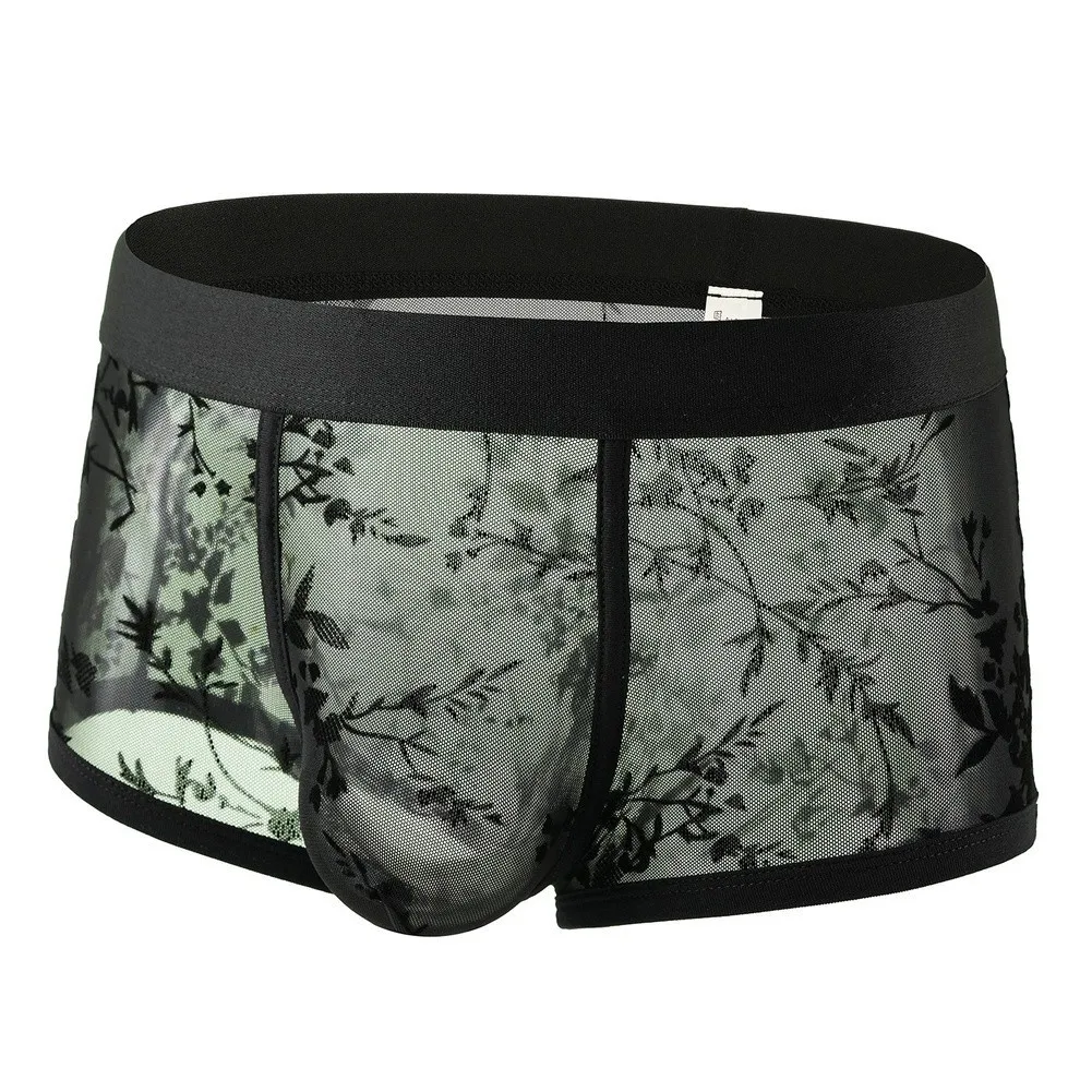 1pc Men's Thin Mesh Sheer Boxer Shorts Bulge Pouch Print See Through Plus Size Underwear Breathable Comfortable Underpants