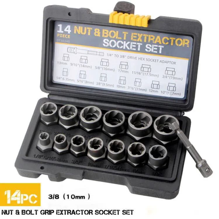 14pcs/Case Impact Bolt Nut Extractor Screw Remove Broken Bolt Extractor Kits Set Cr-Mo Steel Sleeve Anti-Theft Storage Case Tool