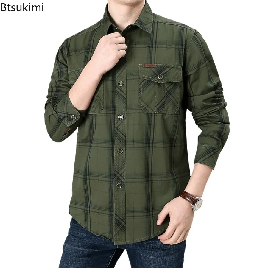 Spring Autumn Men's Cotton Long Sleeve Cargo Shirts Vintage Plaid Loose Casual Shirt Jacket Men Outdoor Tactical Work Shirts 5XL