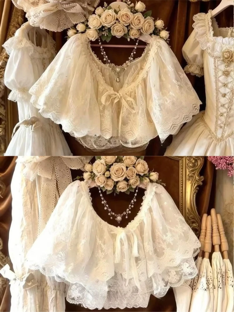 Japanese Retro Women Blouse Lace Shawl Embroidery Doll Collar Drawstring Loose Kawaii Casual All Match Ladies Shirt