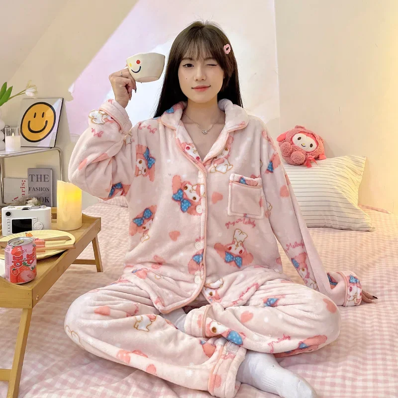 New Sanrio Kawaii Anime Cartoon series My melody Coral fleece women's winter fleece-lined thick long sleeve sweet cute pajamas