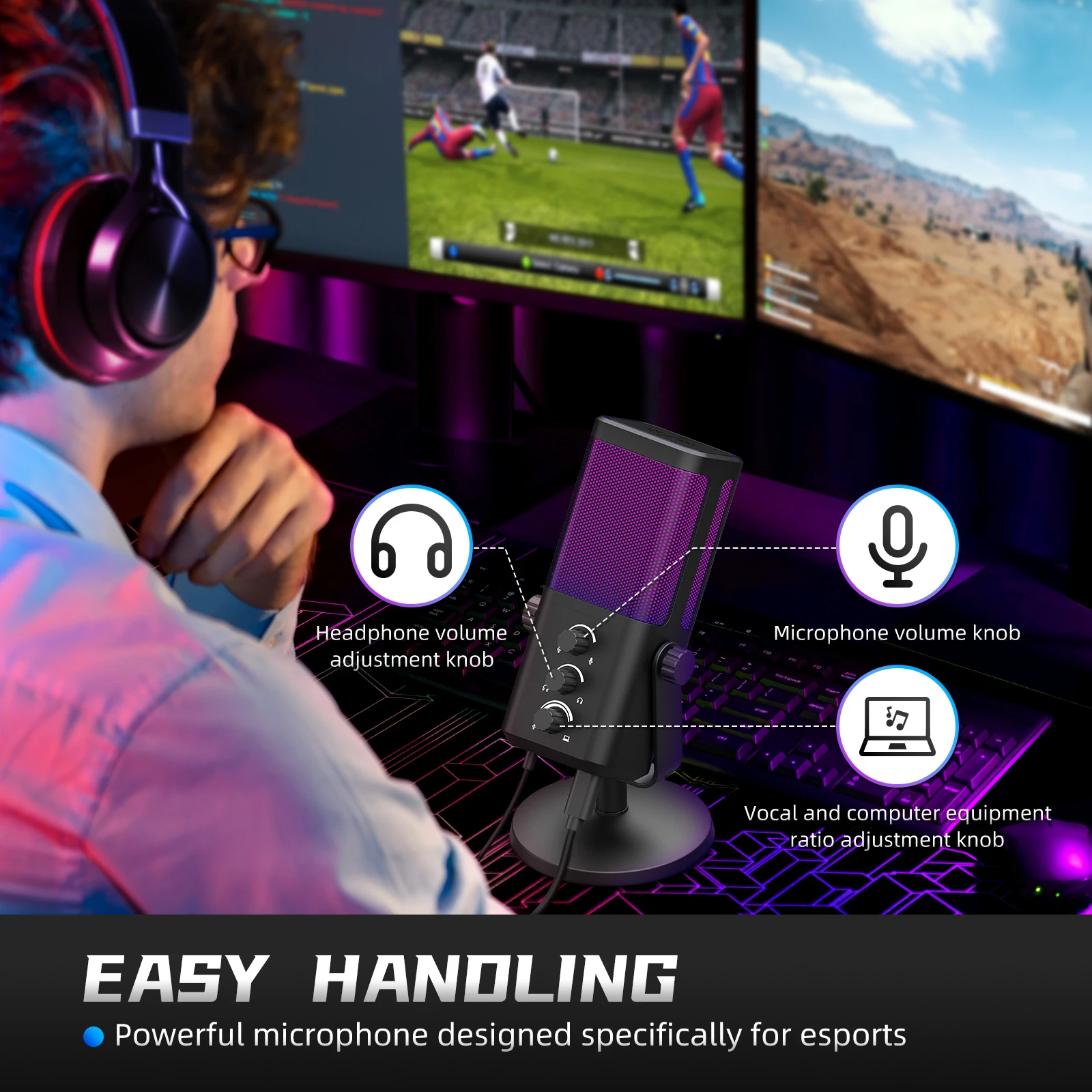 XTUGA M7 RGB Microfono da gioco Professionale Dinamico Cardioide Condensatore Studio Trasmissione Vocale Podcasting Microfono da gioco per computer