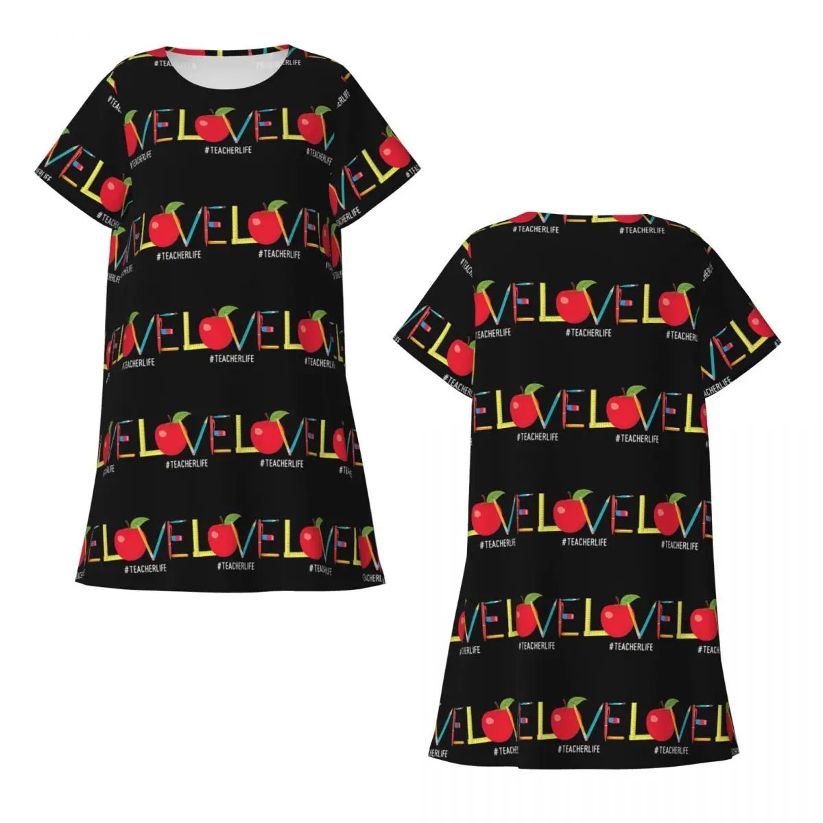 Custom Love Teacher Life Apple Pencil Short Sleeves Nightdress For Sleeping Women Short Sleeve Nightgowns Soft Pajama Dress