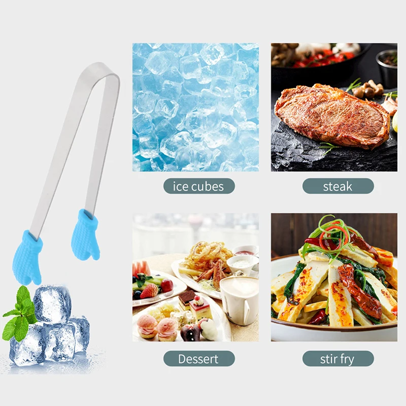 1Pc Silicone Food Tongs Gloves-shaped Stainless Steel Non-slip Kitchen Utensil Ice Candy Food Clip Mini Ice CubesTongs