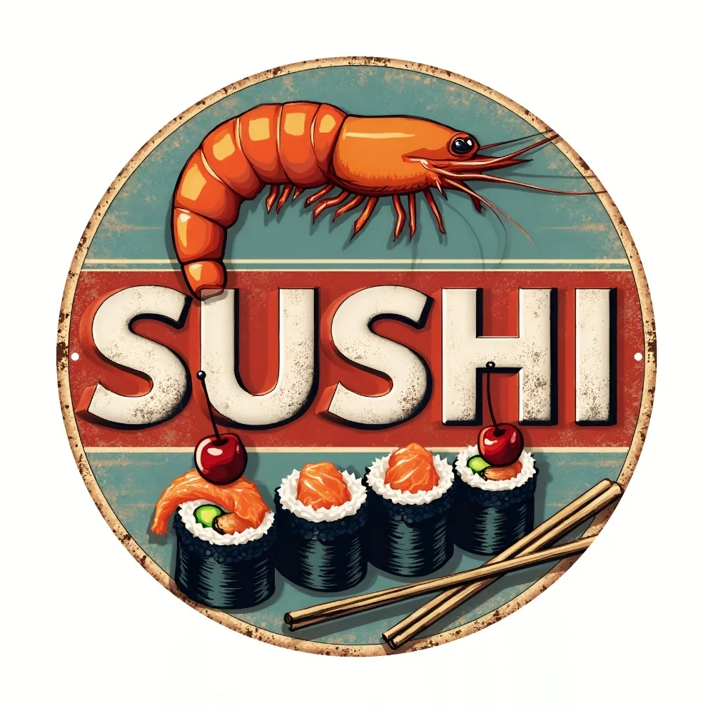 8 Inch Round Metal Sign, Vintage Aluminum Sushi Can Decor, Retro Wall Art for Kitchen Bar Pub