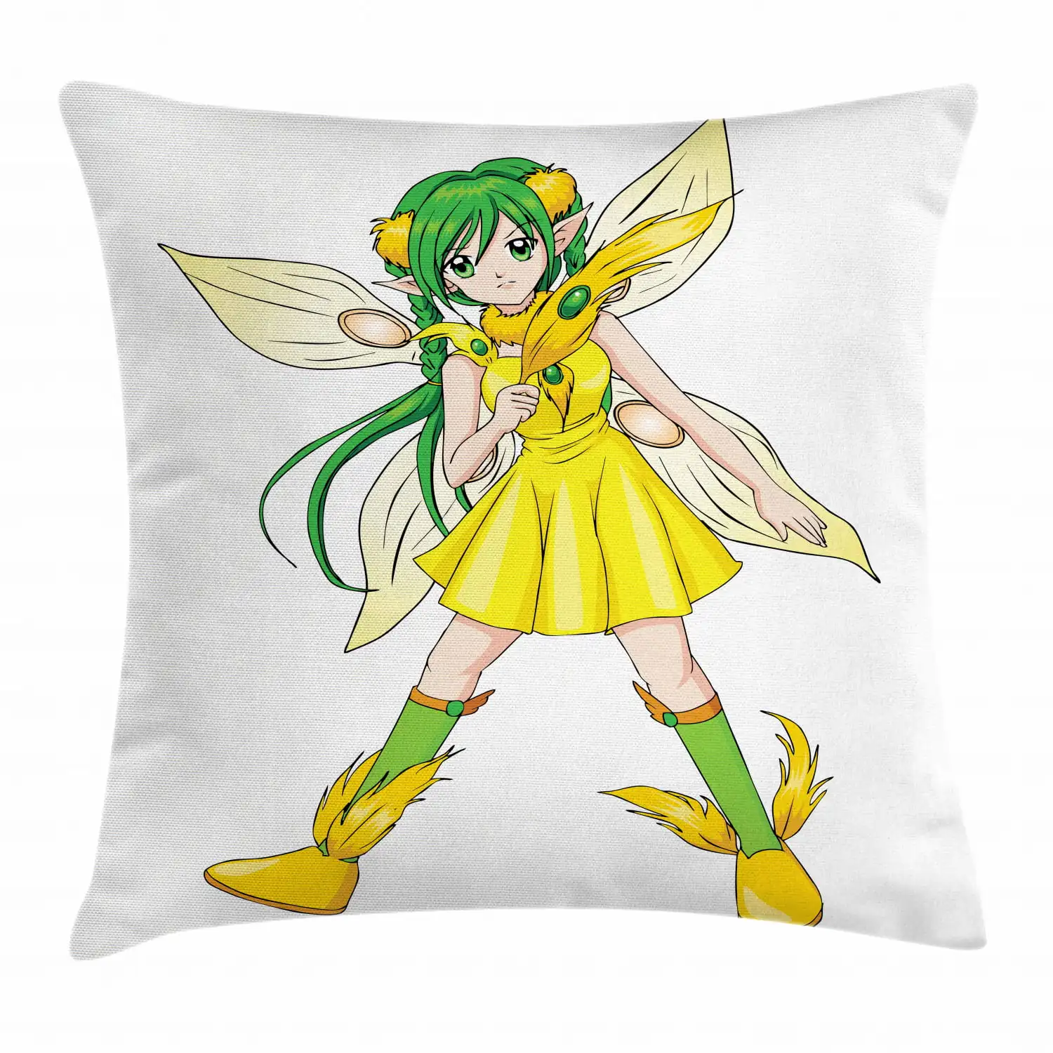 Anime Throw Pillow Cushion Cover, Fantasy Illustration of a Fairy Girl in a Yellow Dress Japanese Manga, Decorative  pillowcase