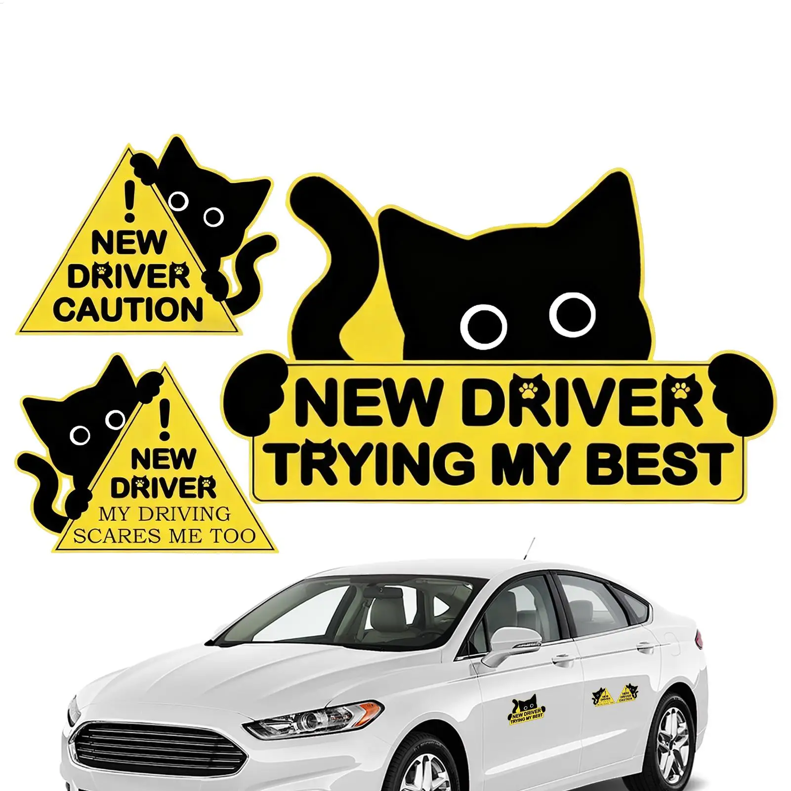 New Driver Sticker 3 Pieces Black Cat Vehicle Decal Auto Body Decals For Drivers Road Trips Daily Commuting Outdoor Events