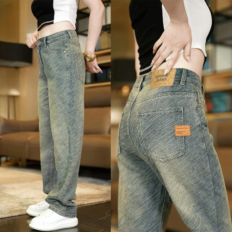 

Retro American Denim Jeans Men's New 2025 Washed Casual Loose Wide Leg Long Pants Fashionable Brand Starry Pattern