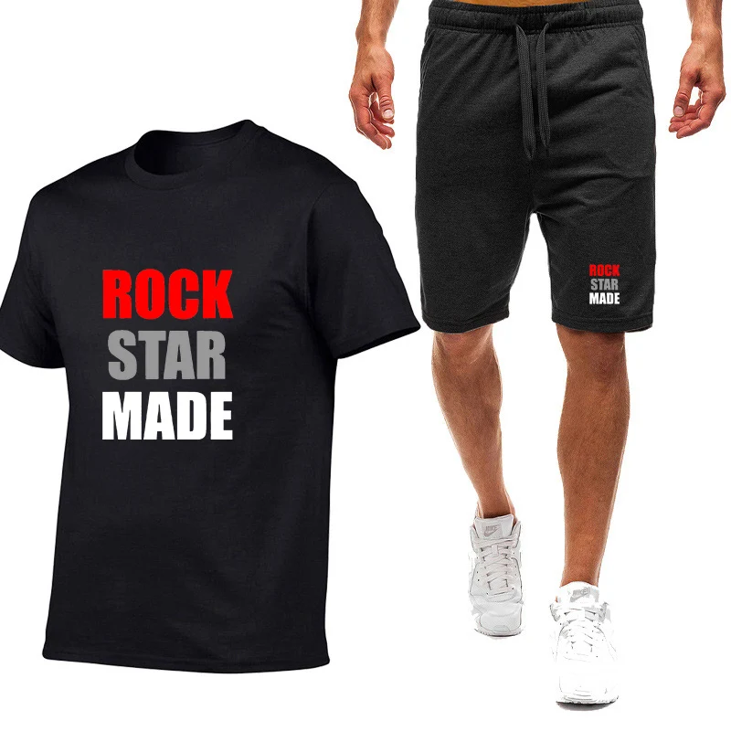 

2025 Rock Goth Rap vintage Letter Summer Men's New Nine-color Short-sleeved Set T-shirt+ Sports Pants Breathable Suit