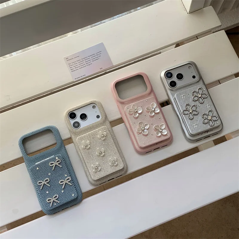 

Luxury Pearl Flower Decor Phone Case with Fabric Texture Large Camera Window For iPhone 14 15 16 17 Pro Max Shockproof Protecti