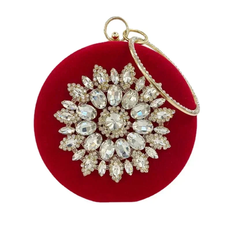 

Vintage round evening bags Women Elegant Circular Handbags Fashion Shinny Diamond Crystal Red Clutch Purse Bolso Velvet Bags