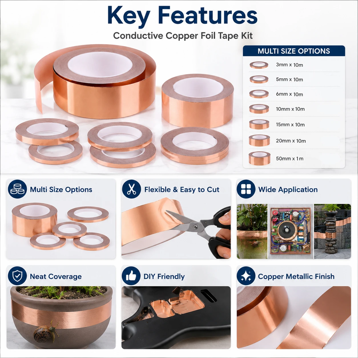 Conductive Copper Foil Tape Kit, Multi Size Copper Tape Set for PCB Repair Guitar Shielding Stained Glass Crafts Garden Slug Bar