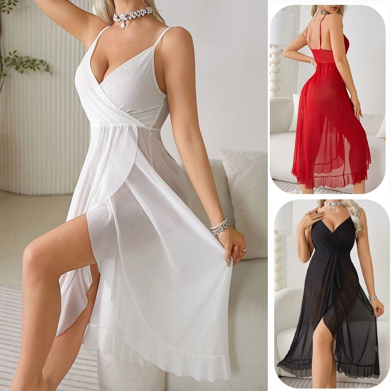 

Сетчатая ночная сорочка с высокой талией и разрезом, сексуальная женская прозрачная ночнушка с V-образным вырезом, без рукавов, с открытой спиной, на тонких бретелях, прозрачная одежда для сна