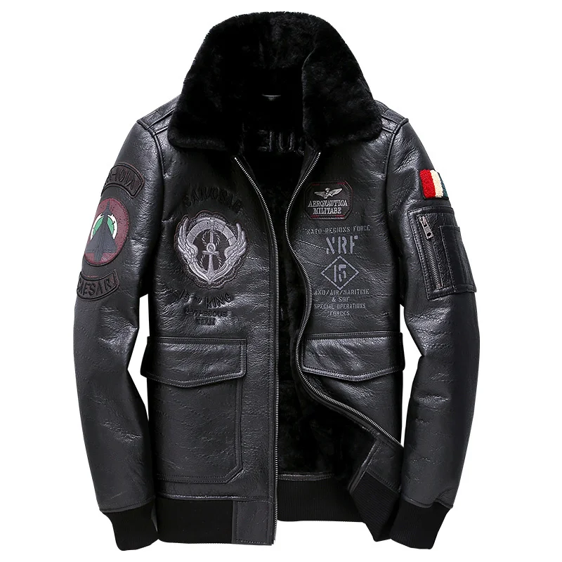 

Winter Genuine Leather and Fur In One Mens B3 Air Force Flight Suit Embroidered Badge Natural Wool Sheepskin Jacket Men