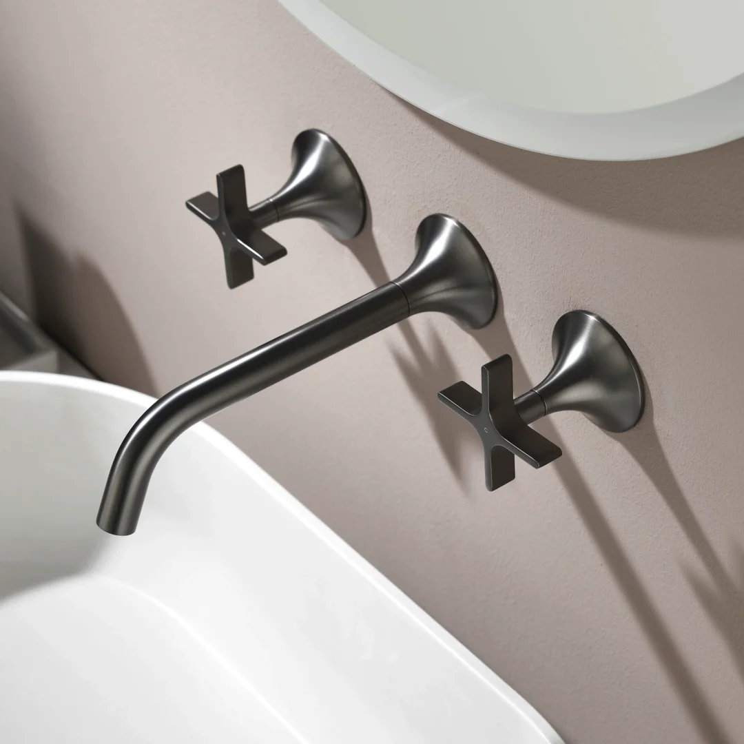 

Wall Mount Grey Bathroom Faucet Brass Blrushed Gold Widespread Basin Faucet Brushed Nickel Sink Faucets 3 Hole Faucet Hot & Cold