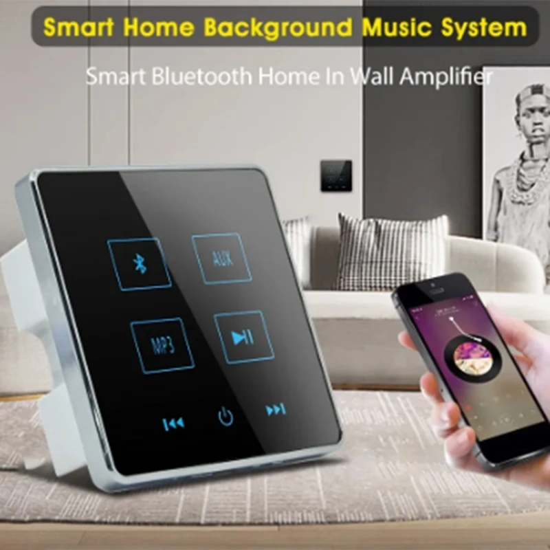 Home Theater Bluetooth Wall Amplifier Touch Screen Music Panel Support USB TF Card (Black) 1Set