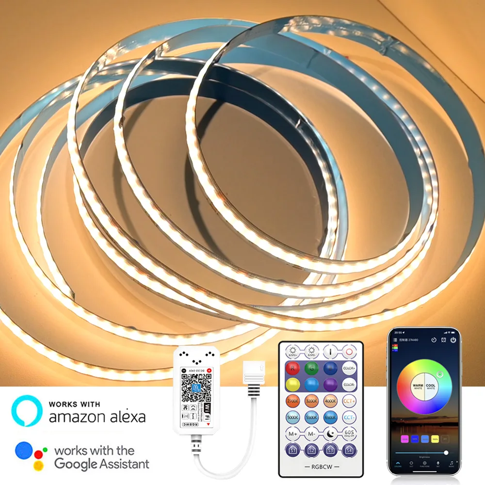 WiFi COB RGB+CCT LED Strip 24V Dimmable DIY Room Bedside Decor Light Magic Home APP IR Remote Control For Alexa Google Assistant