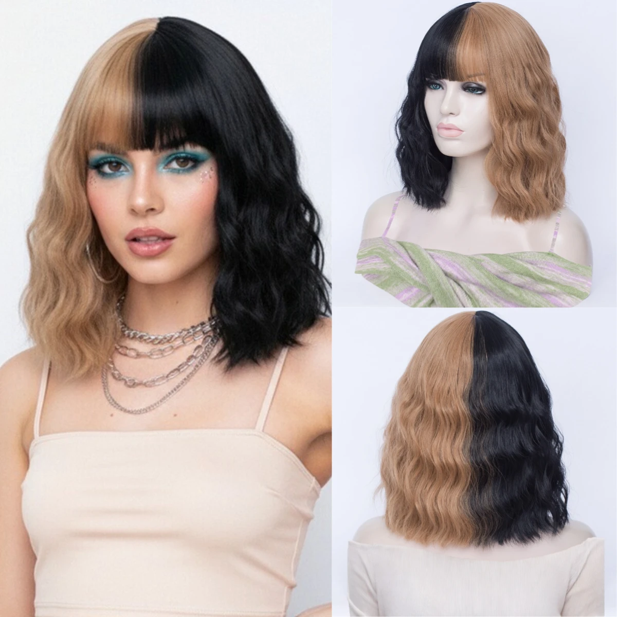 

Women Synthetic Wigs Short Curly Black Brown Double Spell Color Wig With Bangs Cosplay Lolita Party Heat Resistant Fake Hair
