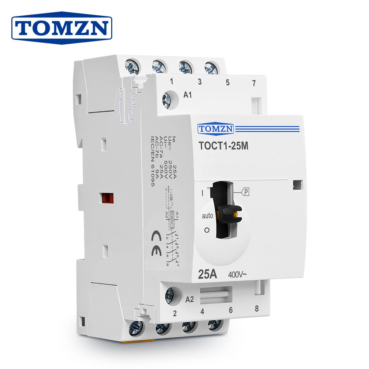 TOMZN TOCT1 4P 25A 220V/230V 50/60Hz Din Rail Household AC Modular Contactor With Manual Control Switch 4NO or 2NO 2NC or 4NC