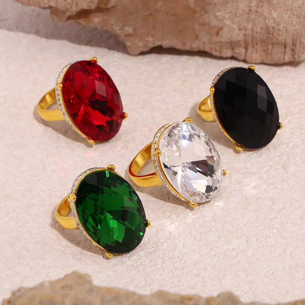 

Ourfuno Stainless Steel Big Oval Glass Stone Rings For Women Luxury Engagement Wedding Rings Simple Fashion Jewelry Girls Gift