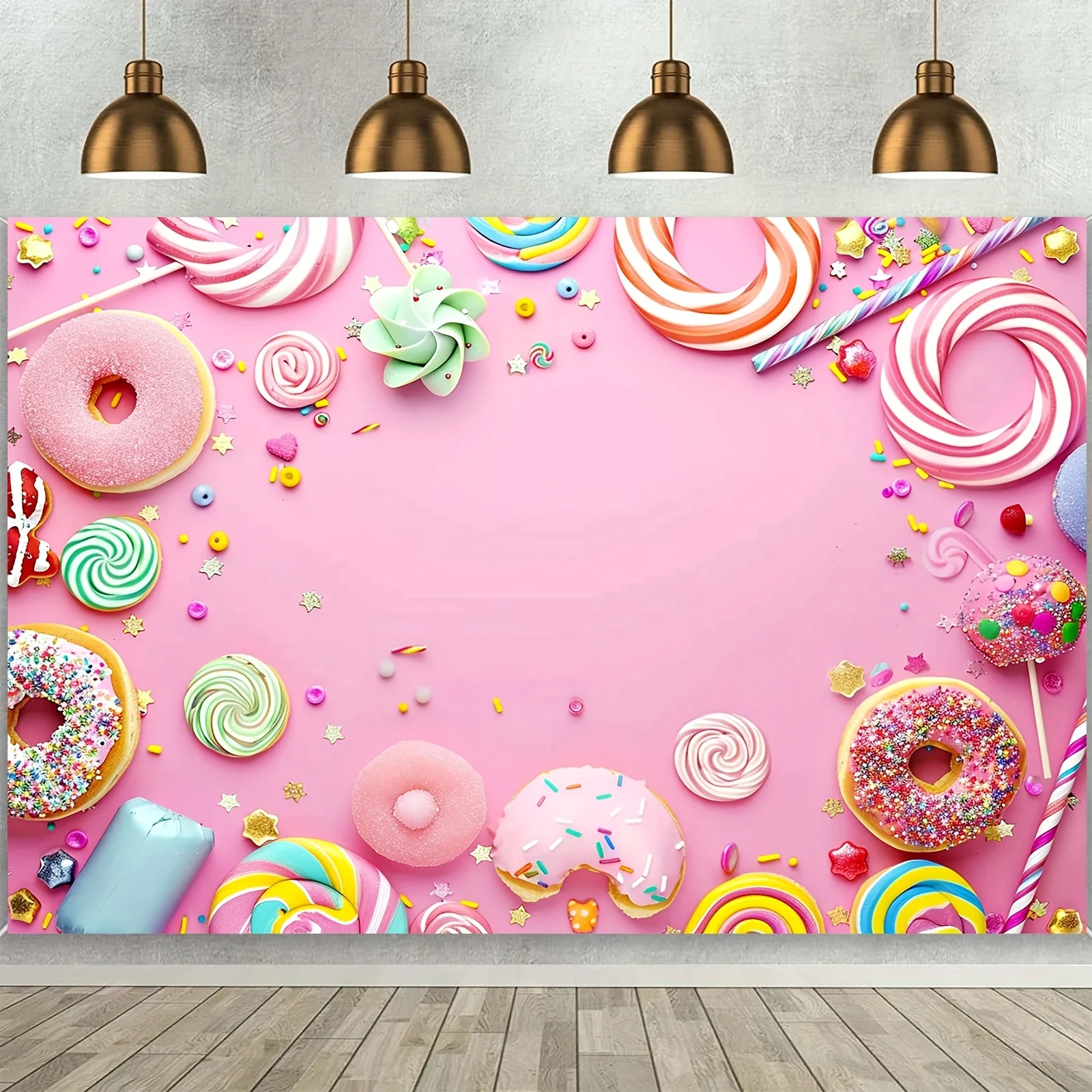 Candy photography background birthday party shower background sweet pink wall lollipop donut cake desktop banner