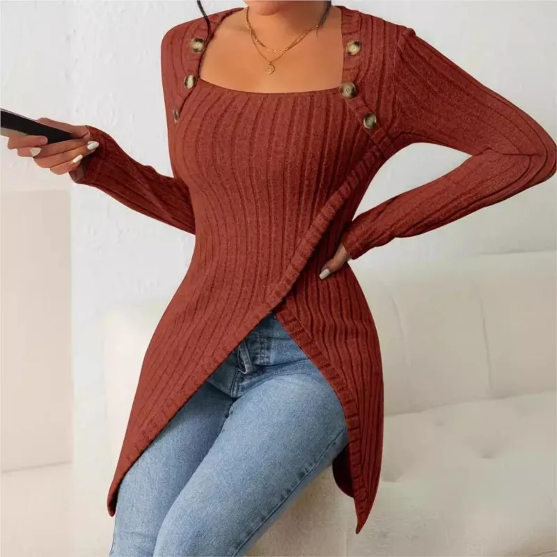 

Women's Unique Split Shirt Spring Autumn Square Collar Button Long Sleeve Top Elegant Solid Color Knitted Pullover Clothes