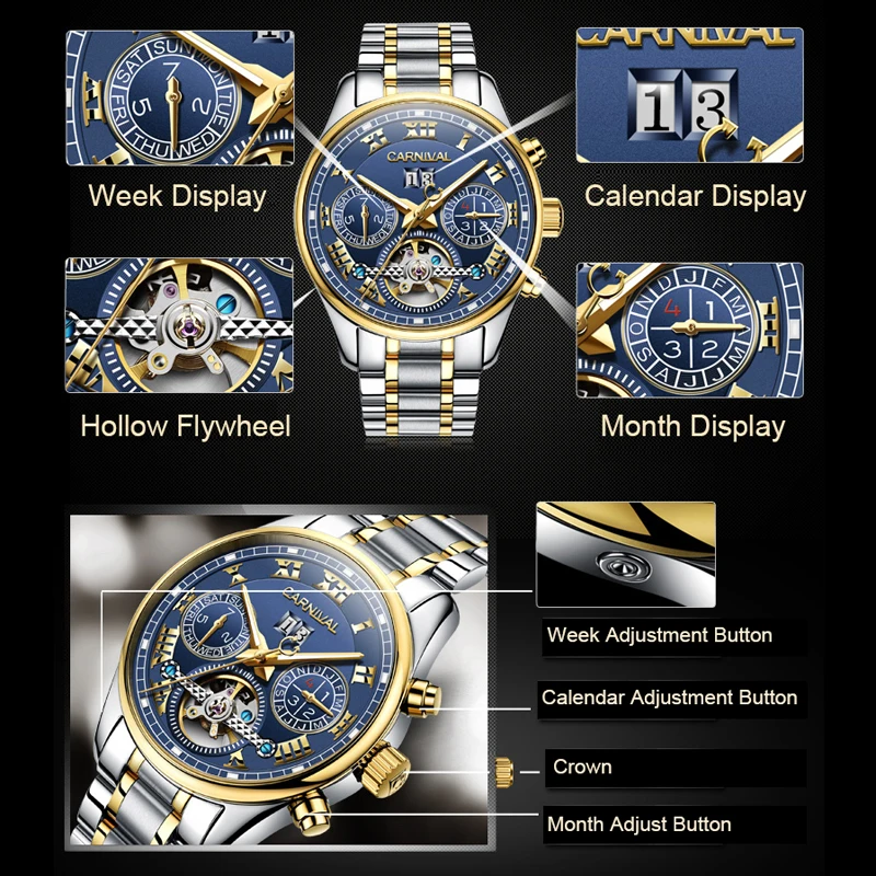 CARNIVAL Classic Design Roman Dial Multifunction Tourbillon Mechanical Sports Men Watch Automatic Mens Wristwatch Reloj Hombre