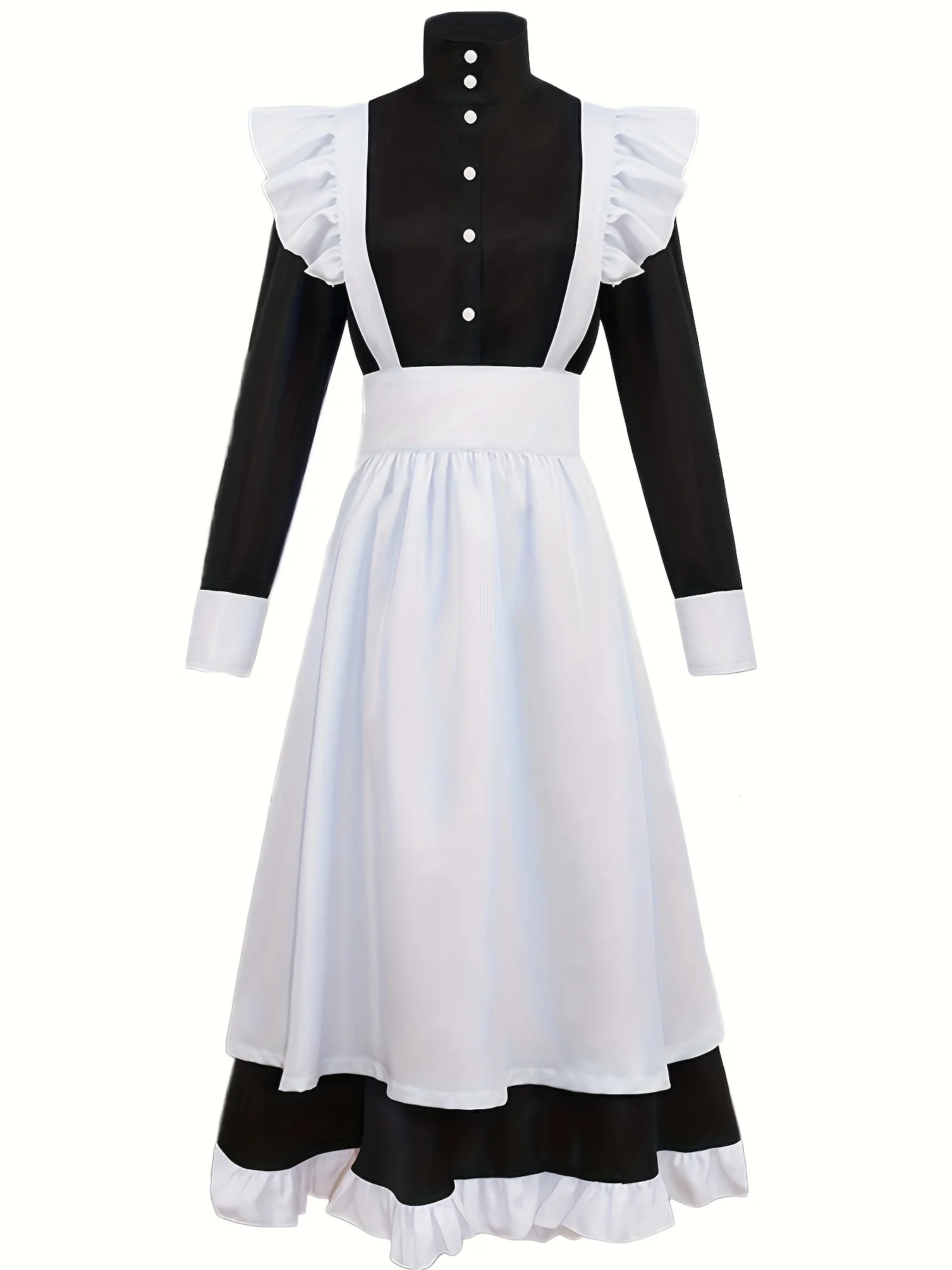 Adorable traje de sirvienta británica con un esquema de colores en blanco y negro con bordes con volantes y pajarita, mangas largas y