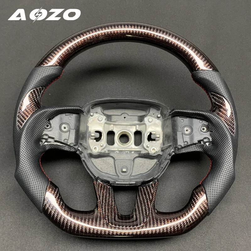 Dodge Challenger Red Carbon Fiber Customized Steering Wheel 2015, 2016, 2017, 2018, 2019-2020 Showcase Perforated Leather