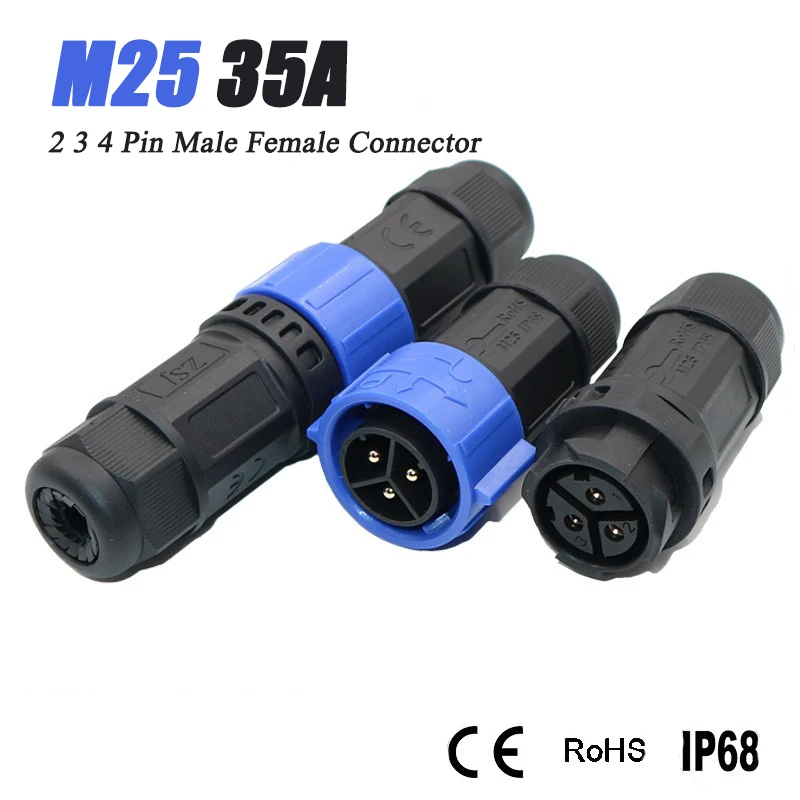 Waterproof M25 35A Self-locking Quick Cable Plug 2 3 4 Pin Male Female Soldering/Screw Wire Connector CE TUV Certified IP67