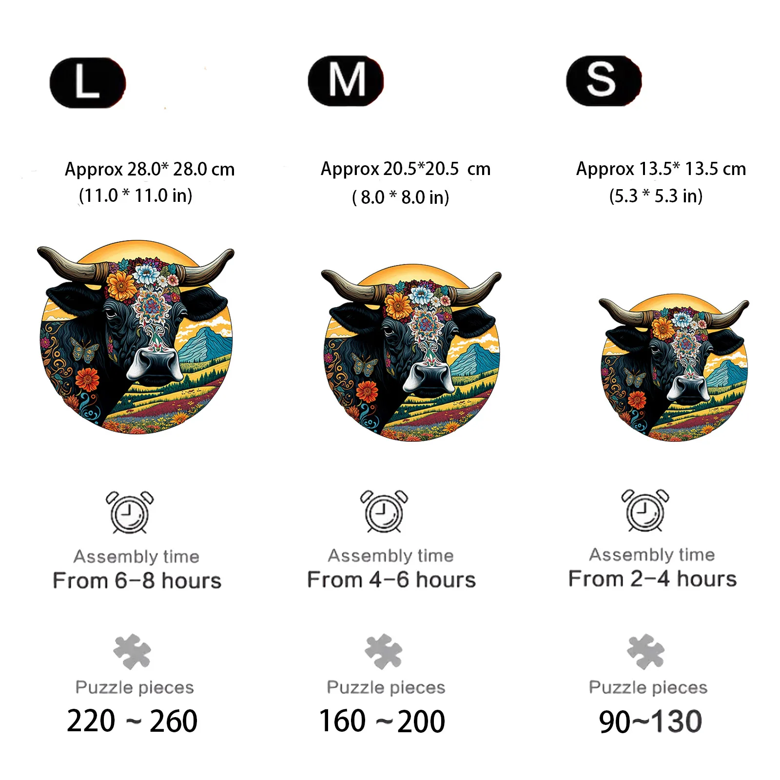 둥근 암소 나무 퍼즐 - 불규칙한 동물 모양, 무독성 교육 장난감, 성인을 위한 가정 장식 선물