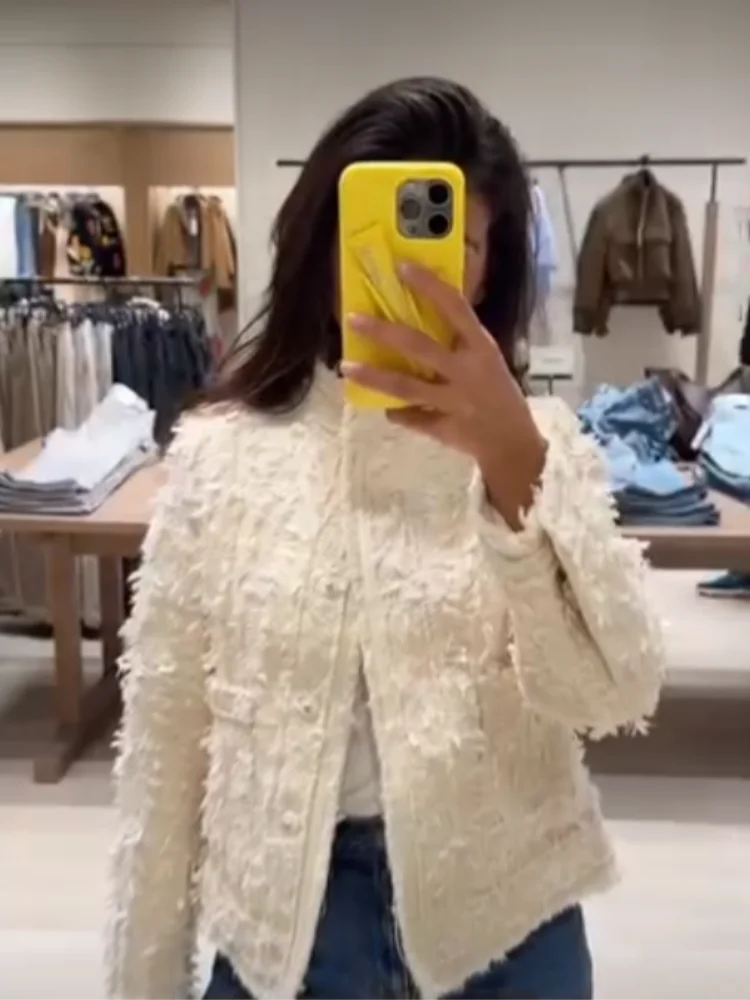 Women Tweed Jacket Stand Collar Fringe Tassel Textured Fabric Zip‑up Long Sleeve Pockets Cropped Coat Elegant Lady Outerwear