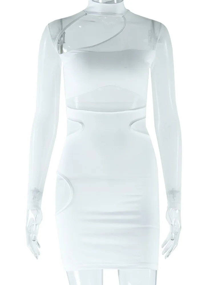 Articat elegante manga longa oco para fora vestido de cor sólida feminino sexy malha retalhos fino ajuste vestido apertado festa boate vestidos