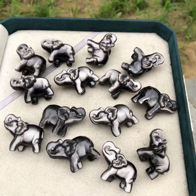 Natural Silver Obsidian Elephant Figurine Hand Carved Stone Animal Statue Mini Desktop Ornament Collectible Gift for Home Decor