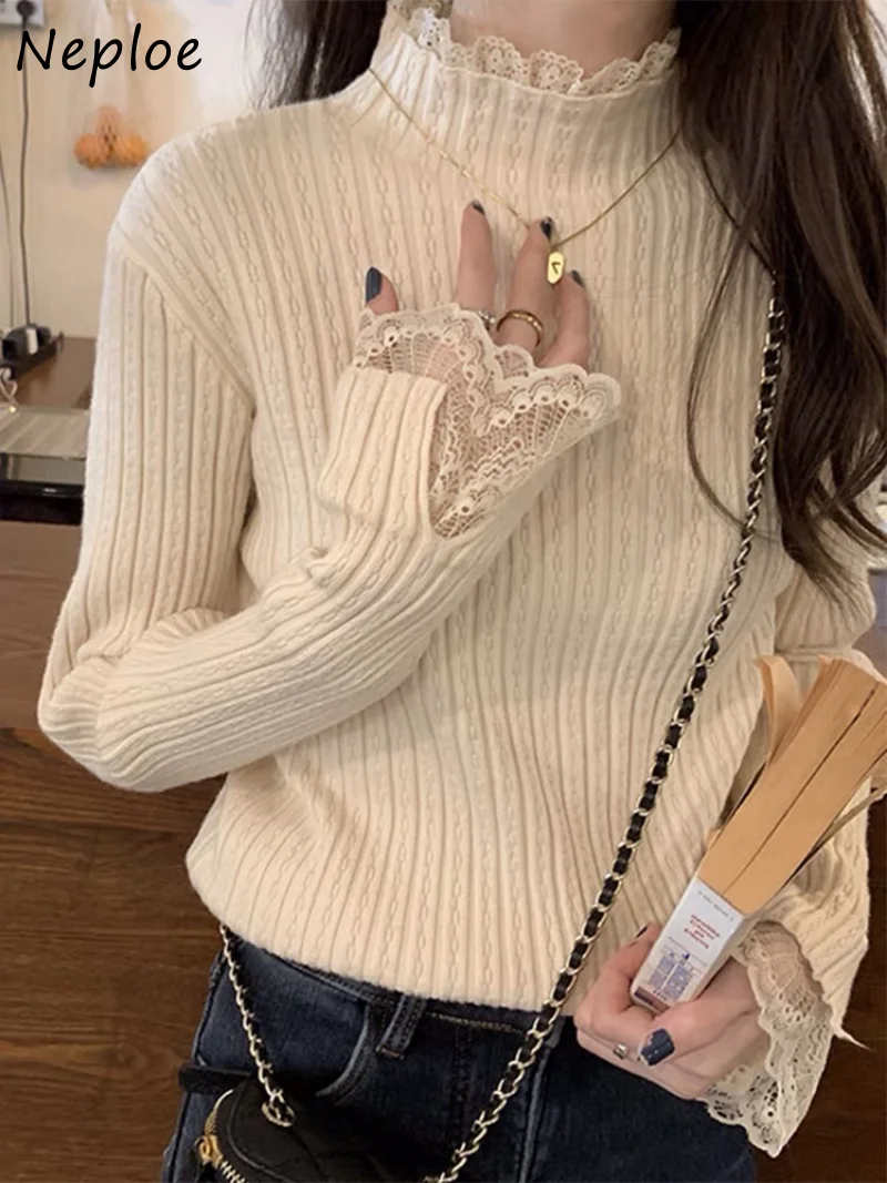 Neploe Stand Neck Lace Patchwork Pull Femme Solid Color Long Sleeve Stripe Sweater Y2k Autumn Winter Women Clothing Jumpers