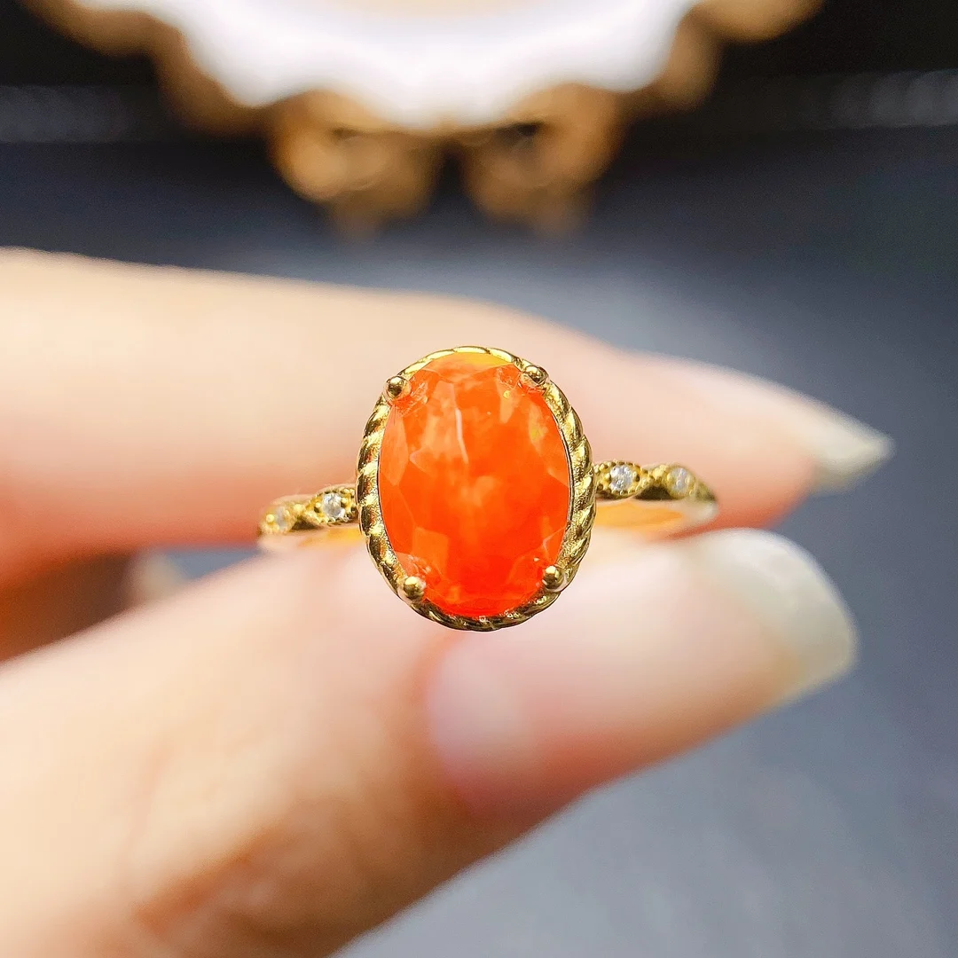 High Quality 925 Sterling Silver Natural Fire Orange Opal Engagement Ring Silver October Birthstone Ring