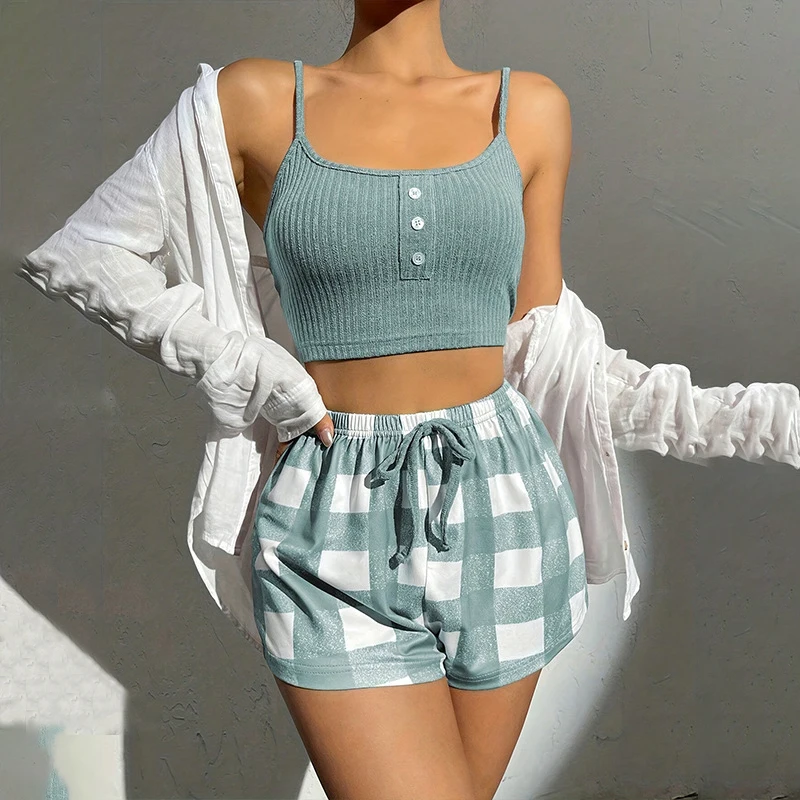 Women\'s Sleeveless Comfort Summer Sleepwear Casual Pajama Set Crew Neck Crop Solid Cami Top And Plaid Elastic Shorts Loungewear